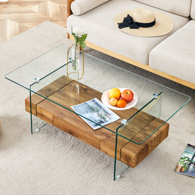 " two-tier glass coffee table with storage drawer, natural wood grain pattern & multi-function design
