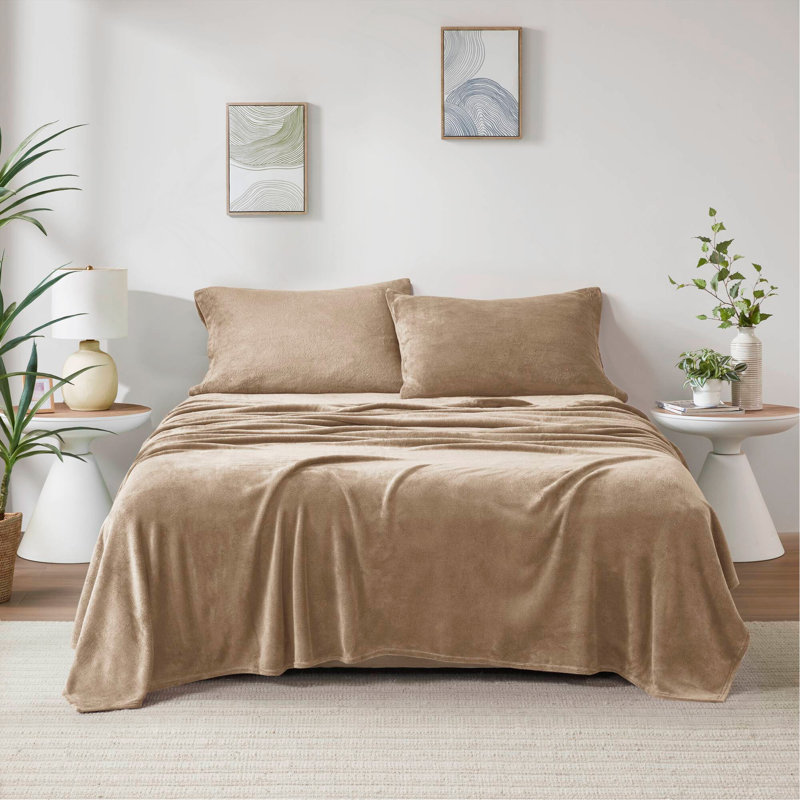 Ensemble de draps 4 pièces, Taupe, Ensemble de draps pour lit double avec 2 taies d'o