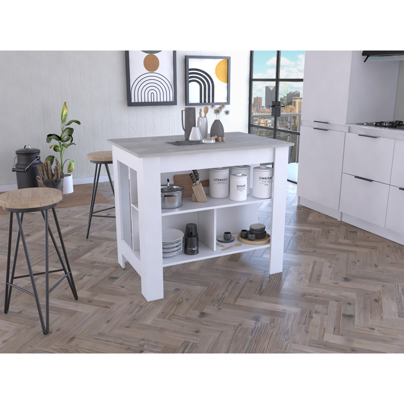 Cala Kitchen Island, Four Legs, Three Shelves, White/Gray