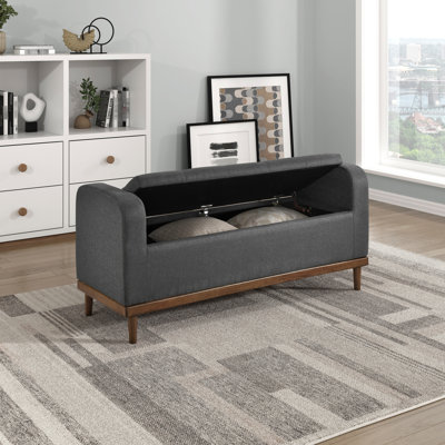 Banc de rangement de chambre à coucher Mid-Century moderne, gris foncé, cadre en contreplaqué de bois massif texturé avec plateau relevable moderne, finition noyer