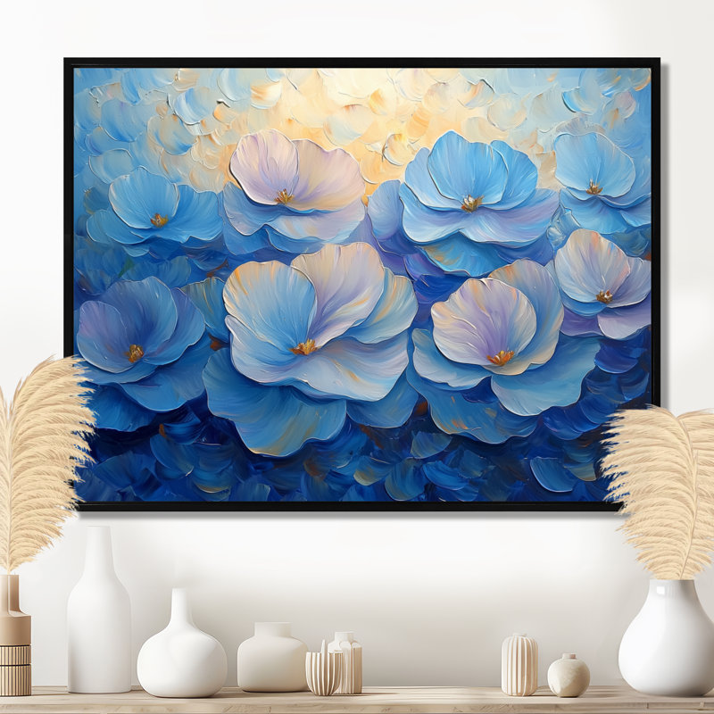 Blue Peony Petals In Harmony IV - Pivoines, impressions sur toile, Noir, Reproduction avec cadre flottant, H 24 po x l 32 po