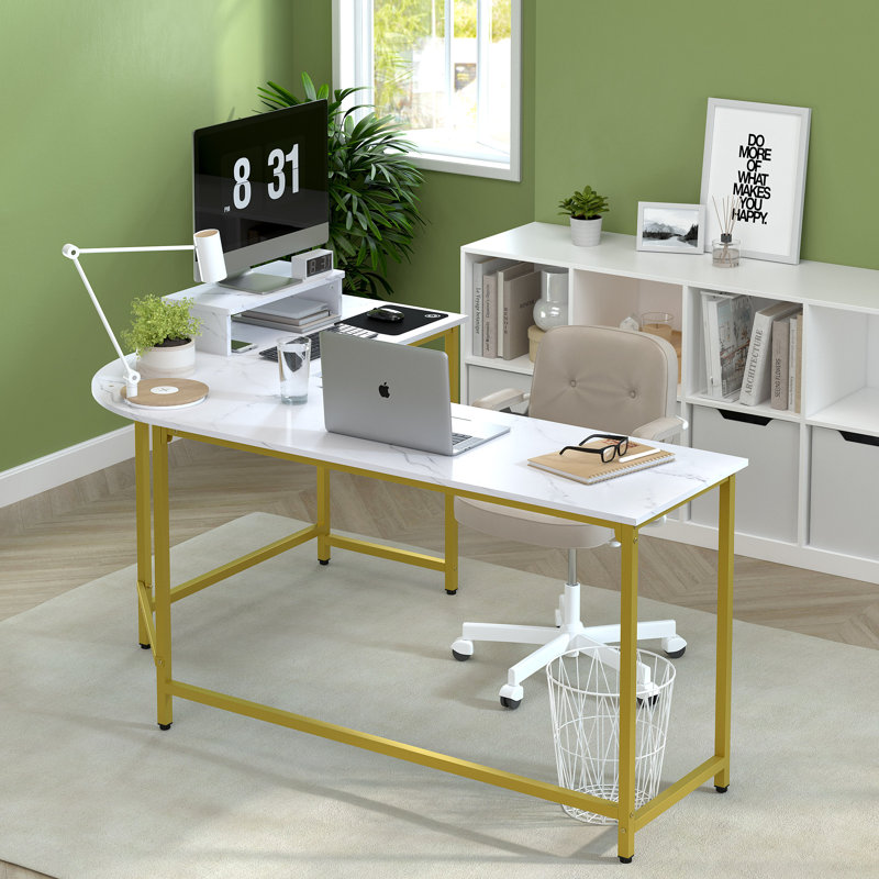 Angelpreet L-Shaped Metal Base Computer Desk, White Marbling/Gold, 29.5" H x 65" W x 46" D