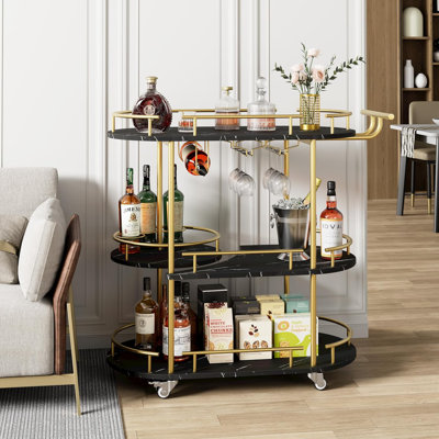 4-Tier Mobile Bar Cart with Wine Rack & Glass Holder, Marble MDF Shelves, 360° Rotating Wheels with Brakes for Kitchen, Dining Room, Living Room