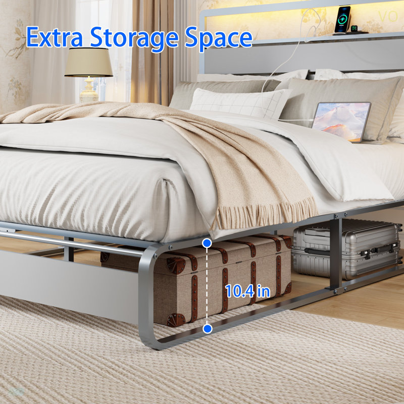 Size Bed Frame With Headboard, Metal Platform Bed Frame With Charging Station, Heavy Duty Platform Bed Frame With LED, Easy Assembly
