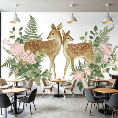 Papier peint adhésif pelez et collez, cerf, forêt sauvage, herbes, bordure sans soudure, aquarelle, art mural autoadhésif et amovible