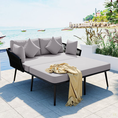 Lit de jour pour patio extérieur, dossier en corde de nylon tissé avec coussins lavables pour balcon, bord de piscine, ensemble pour 2 personnes