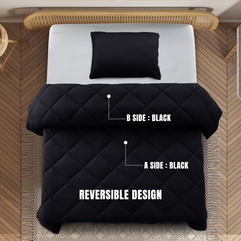 Down Alternative Microfiber Reversible Comforter Set - All Season Diamond Pattern Comforter with Shams, Black, Twin