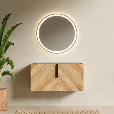 30" Mid-Century Modern Floating Vanity Base With Artisanal Chevron Wood Grain And Soft-Close Storage (Sink Not Included)