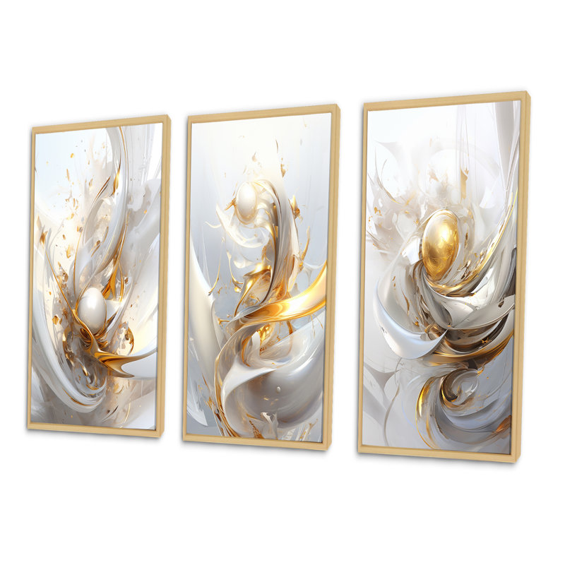 «Fractal Gold Sphere On White», 3 pièces sur toile, Cadre naturel flottant, H 20 po x l 36 po