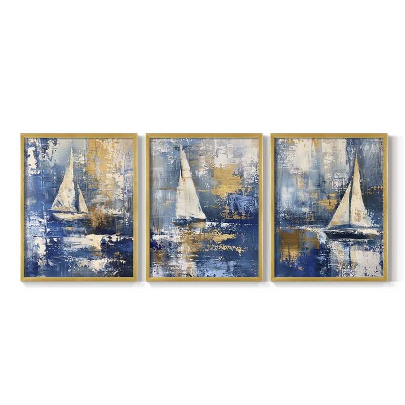 Mer et rivage, série XVII - ensemble de 3 estampes numériques - prêt à être accroché, Doré, H 28 po x l 66 po