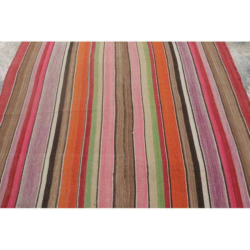Vintage Frazada Square Kilim In Vibrant Polychrome Striped Pattern - Rug & Kilim
