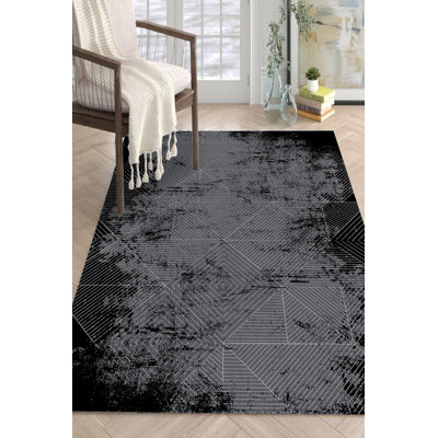 Camfort Black Striped Digital Print Cotton Polyester Non-Slip Area Rug