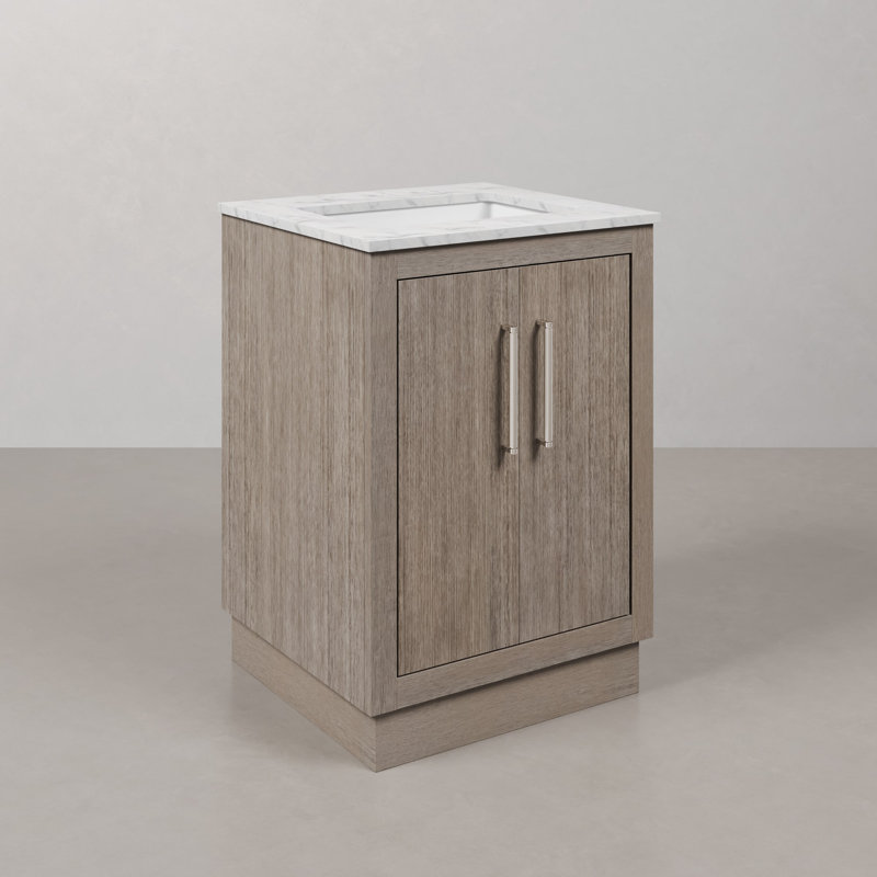 Hugo 24 In. Single Sink Carrara White Marble Countertop Vanity In Grey Oak With Mirror, Chrome