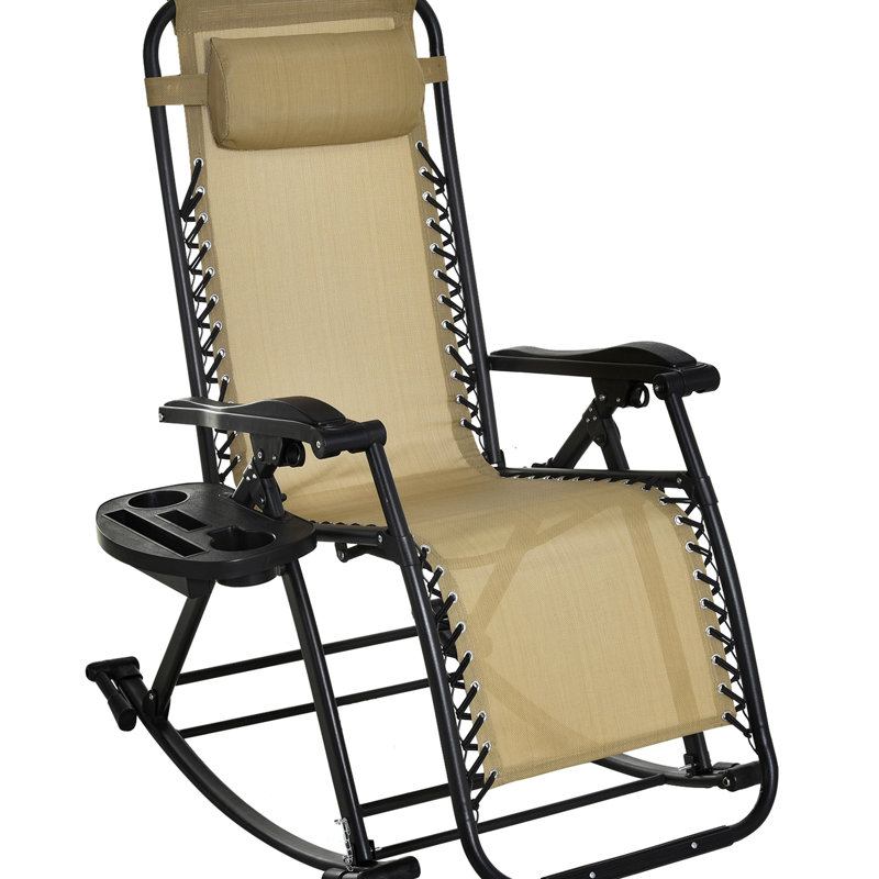 Chaises berçantes de patio, fauteuil inclinable pliable zéro gravité avec coussin, porte-gobelet et téléphone, chaise berçante de détente beige pour le confort extérieur,