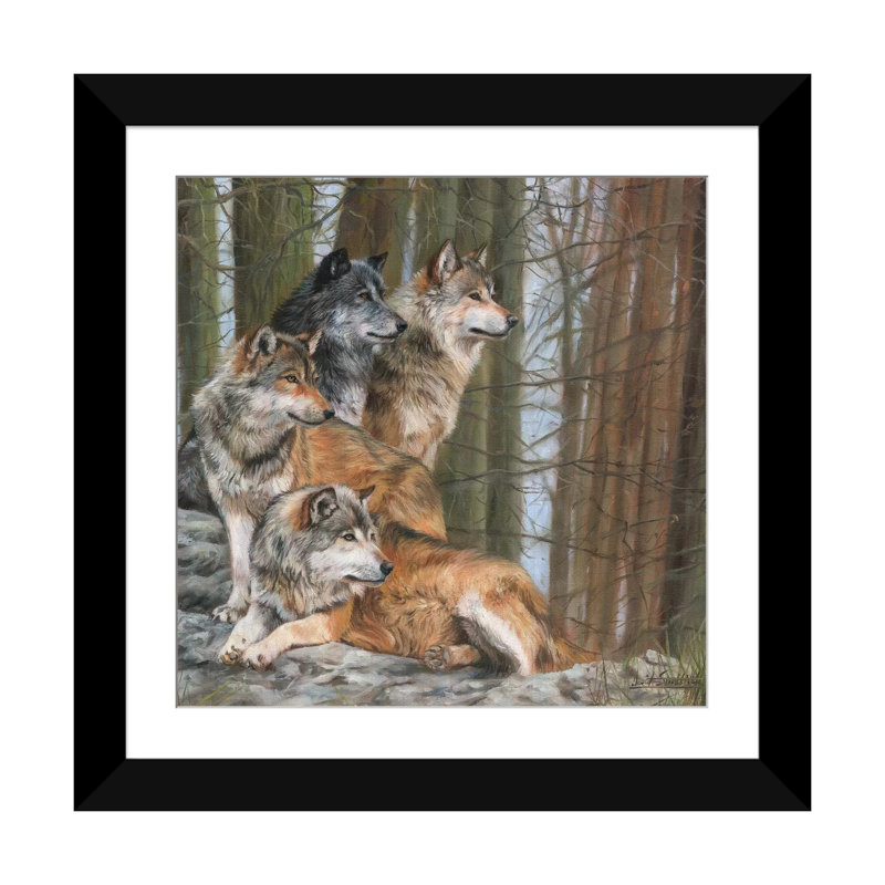 «Four Wolves», reproduction d'impression sur toile, Papier d'art encadré noir, Blanc, H 16 po x l 16 po x P 1 po