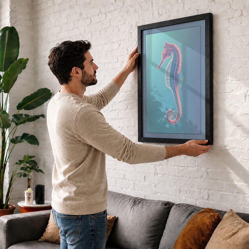 Seahorse Elegance Coastal - Framed Print, A2 - 59.4 x 42.0 cm, Black
