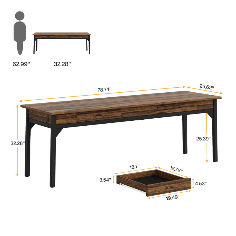 Stefnie 78.7" Extra Long Computer Desk, Writing Desk with 2 Drawers, Rustic Brown/Black