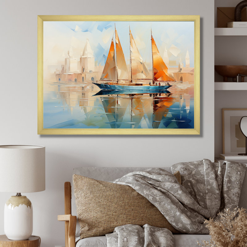 Bateau abstrait maritime, symphonie maritime III, art mural sur toile, H 30 po x l 40 po x P 1,5 po, Encadrement doré