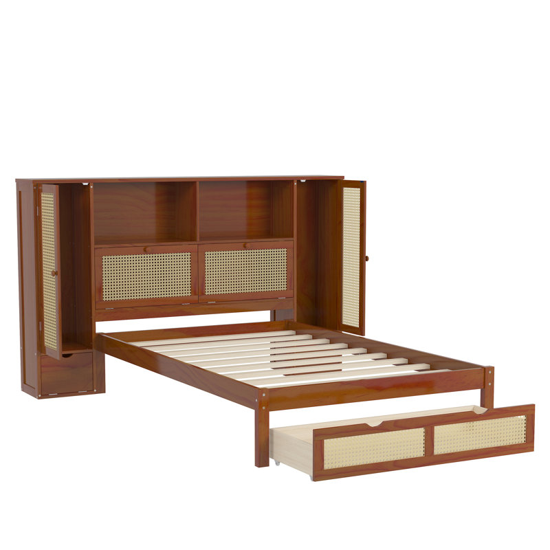 Twin Size Wooden Bed with Two Storage Lockers, Drawer, and Storage Shelf on Headboard, Walnut