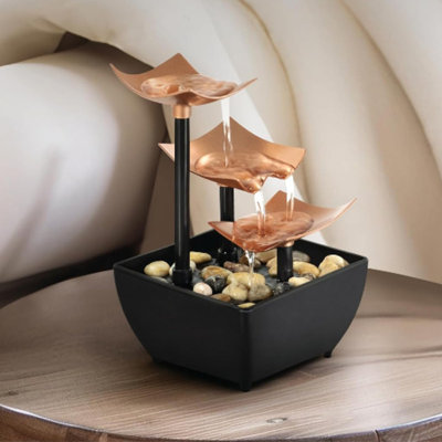 Relaxation Tabletop Water Fountain with 3 Tiers,Natural River Rocks,and a Quiet Pump,Golden