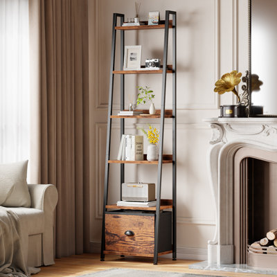 Ladder Shelf,Ladder Bookshelf with Drawer,Industrial Tall Bookcase,Storage Rack Organizer,Wood Metal Freestanding Shelves for Living Room, Home Office, Bedroom