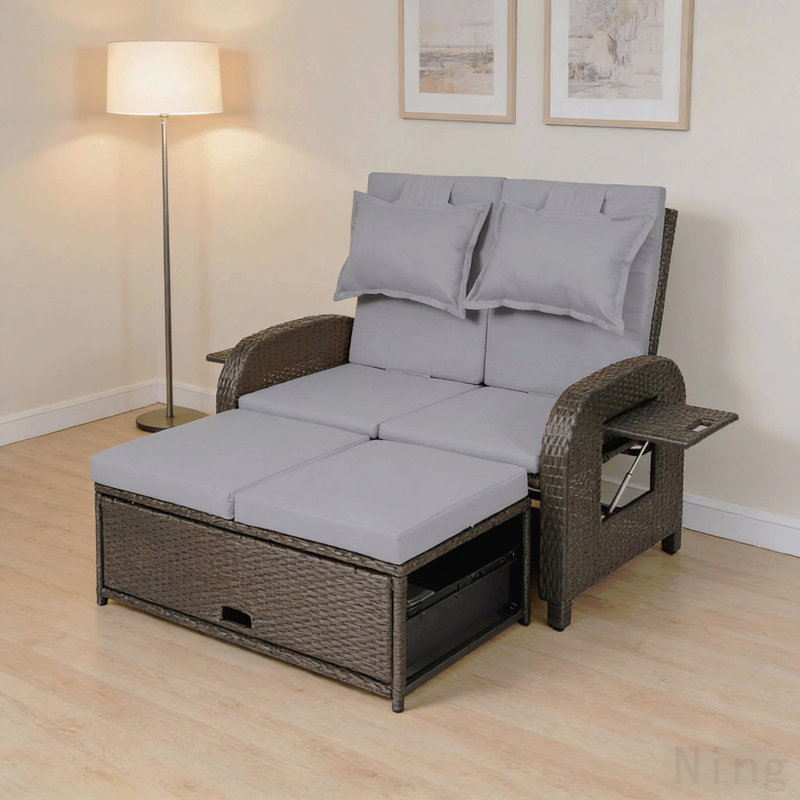 3-In-1 Convertible Design Reclining Sofa,Wicker Outdoor Daybed,Rattan Daybed, Gray