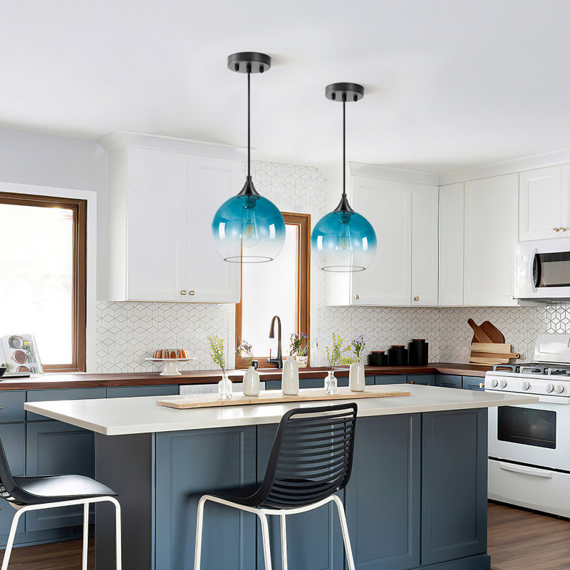 1-Light 7.87 Inch Globe Pendant With Gradient For Kitchen Island, Blue
