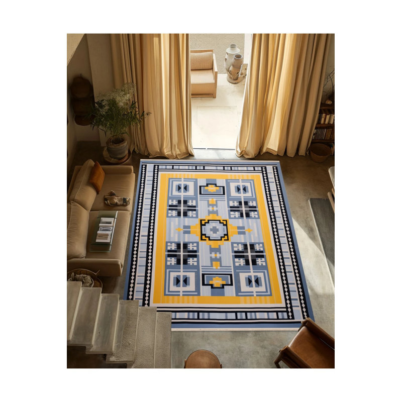 Tapis décoratif à motif géométrique à motif géométrique bleu et jaune, Tapis de couloir 3 pi 4 po x 9 pi 11 po
