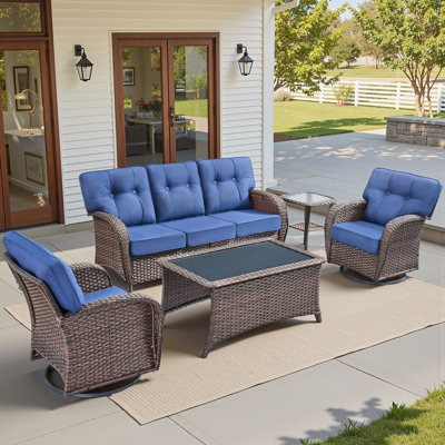 Ensemble de meubles de patio en osier avec chaises berçantes pivotantes, canapé d'extérieur et table basse en rotin, ensembles de conversation pour l'extérieur de 5 pièces pour terrasse de porche