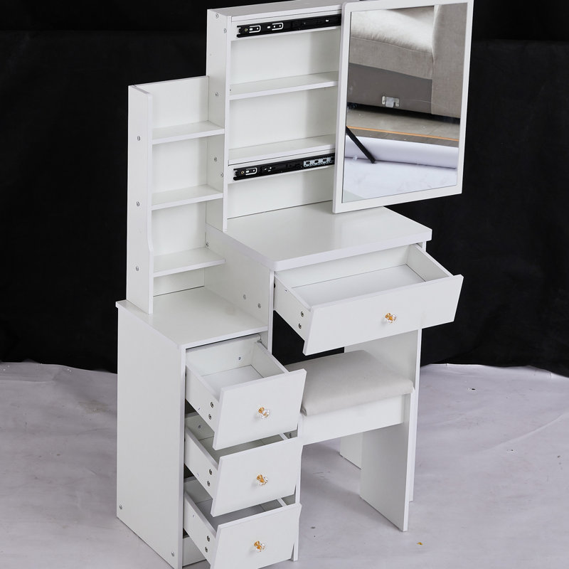 Compact Left Bedside Dresser Vanity Table, Comes With Cushioned Stool & Large Sliding Mirror, Multi-Layer Storage, Chic For Small Spaces, White Space- Cabinet Padded Big Fashionable Rooms