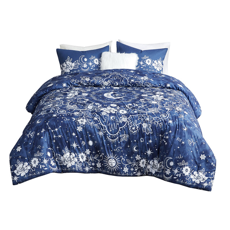 Literie céleste marine - Double / grand avec magnifique médaillon et imprimé floral décoratif