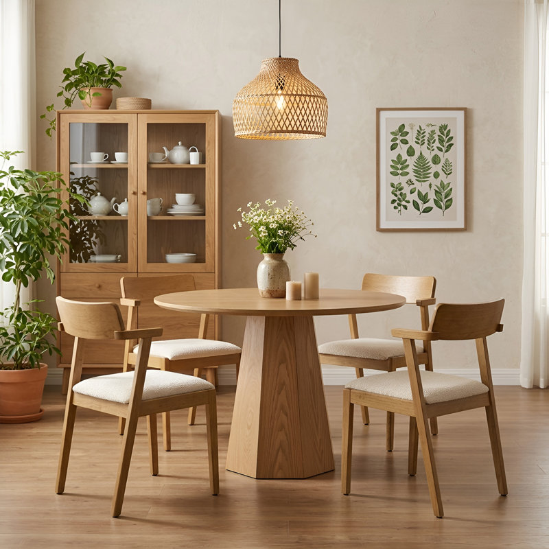 5-Piece Dining Set Mid-Century Modern Round Wooden Table & Upholstered Chair Set For Home, Kitchen, Dining Room, Natural