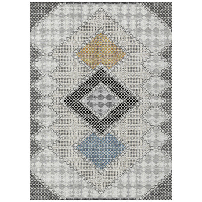Tapis intérieur lavable à motif géométrique doré et gris anthracite 8 pi x 10 pi