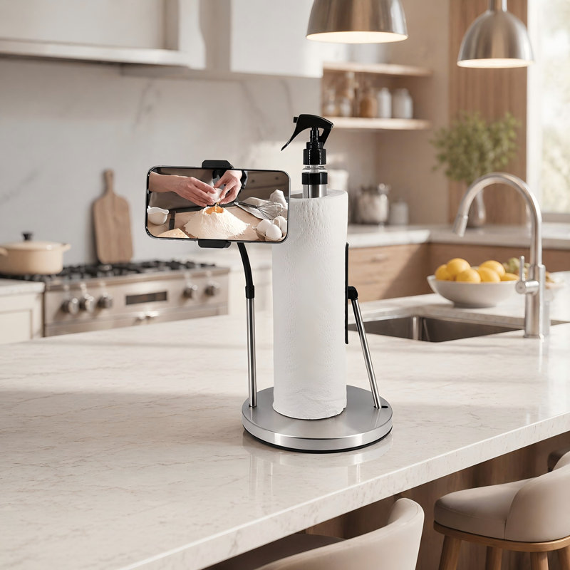3 in 1 Paper Towel Holder with Phone Stand,Heavy-Duty Countertop Kitchen Paper Towel Holder with Spray Bottle,