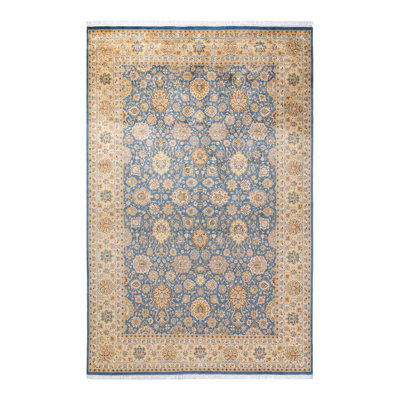 Tapis bleu clair en laine noué à la main de conception unique 6 pi 2 po x 9 pi 6 po Hayner