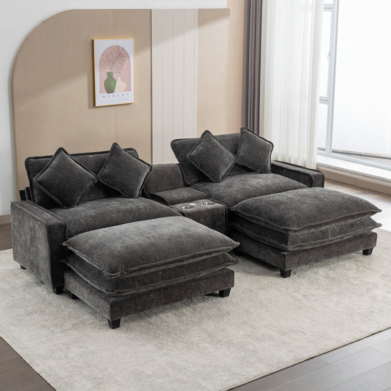Canapé modulaire avec deux repose-pieds, ports USB et porte-gobelets, Grey Chenille