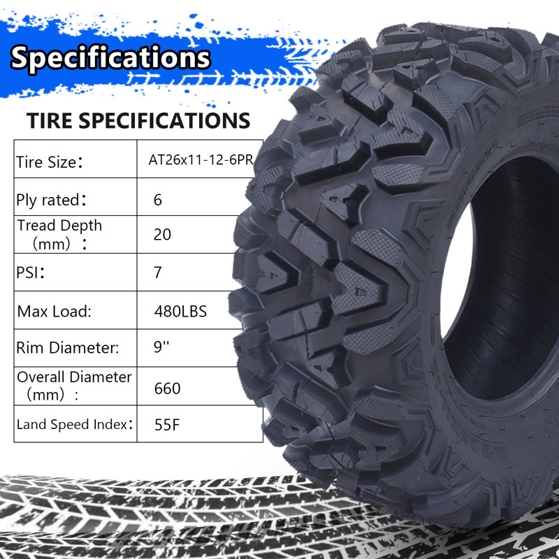 Ensemble de pneus tout-terrain pour VTT / UTV (26 x 11-12，6PR robuste), boue et sentier, tout-terrain, charge maximale: 480 lb