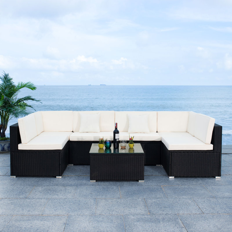 Azrien Wood 6 - Person Modular Patio Conversation Set with Cushions, Black Frame/Beige Cushion