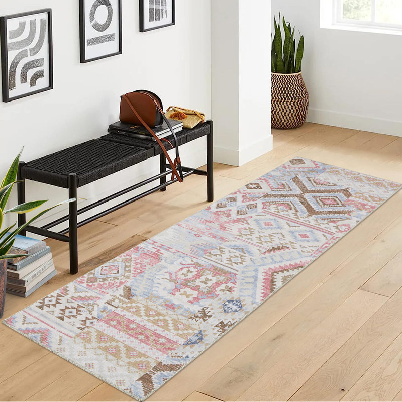 Machine Washable Area Rug Bohemian Rugs for Living Room Low Pile Non-Shedding Vintage Carpet for Bedroom Dining Home Office