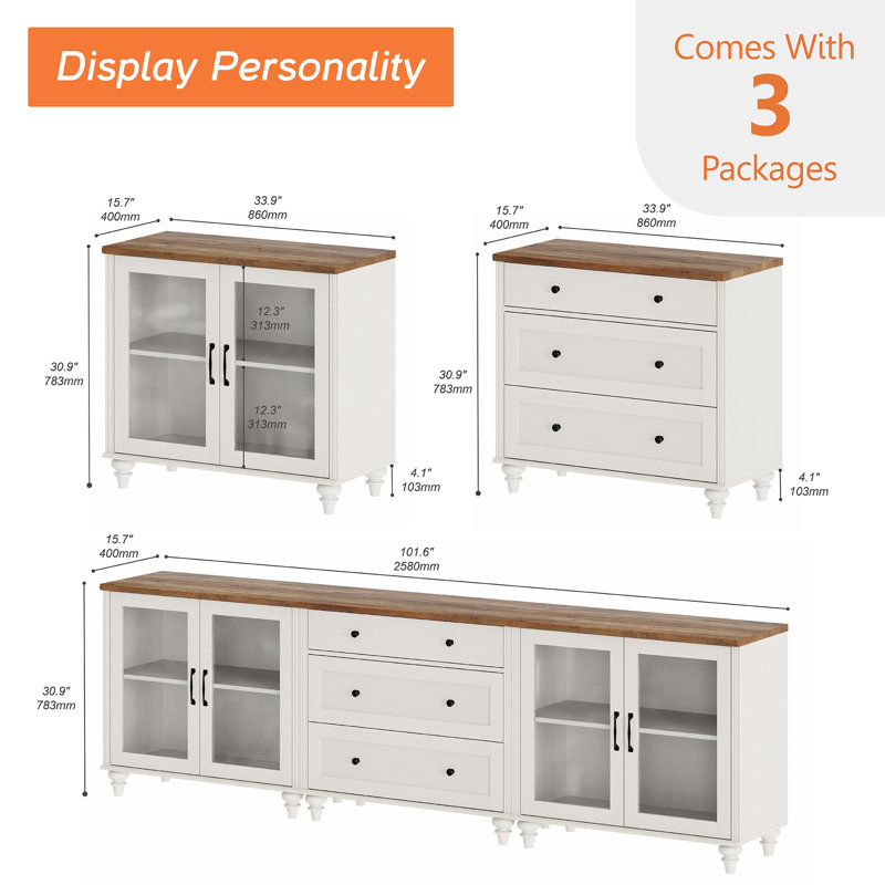 Scarlett Large TV Stand For 100 Inch TV, TV Console Table For 85 90 95 Inch TV, Entertainment Center With Wooden Drawers & Glass Doors For Living Room, Kitchen Sideboard Buffet Cabinet For Dining Room, White