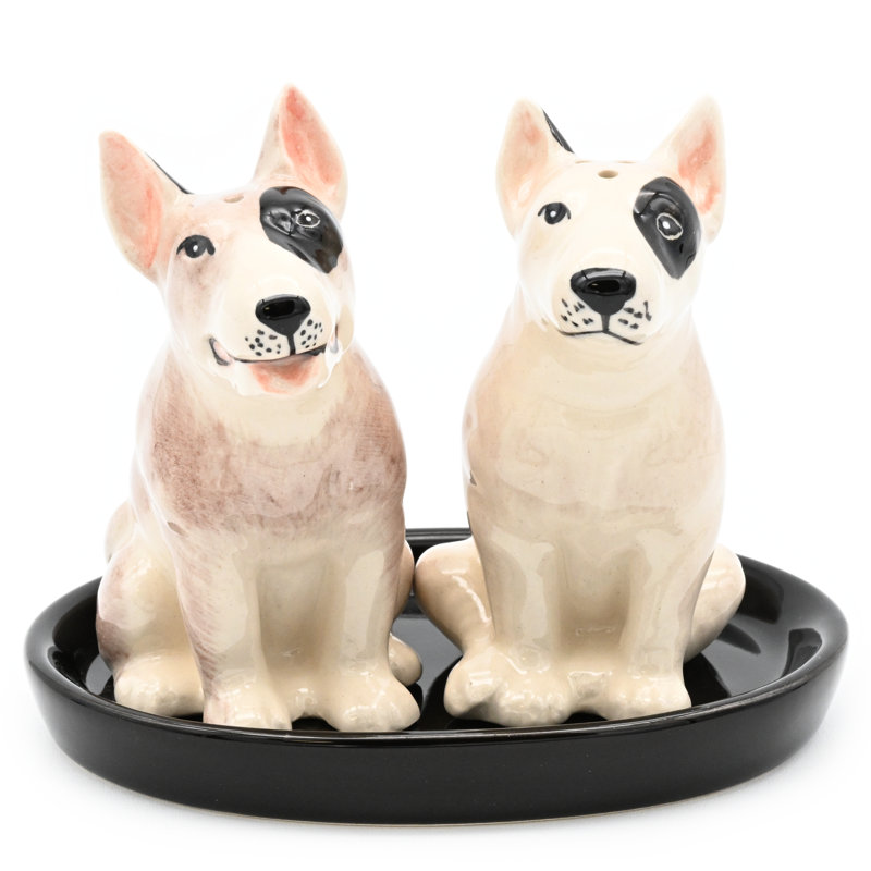 Salière et poivrière Bull Terrier et plateau en céramique noire