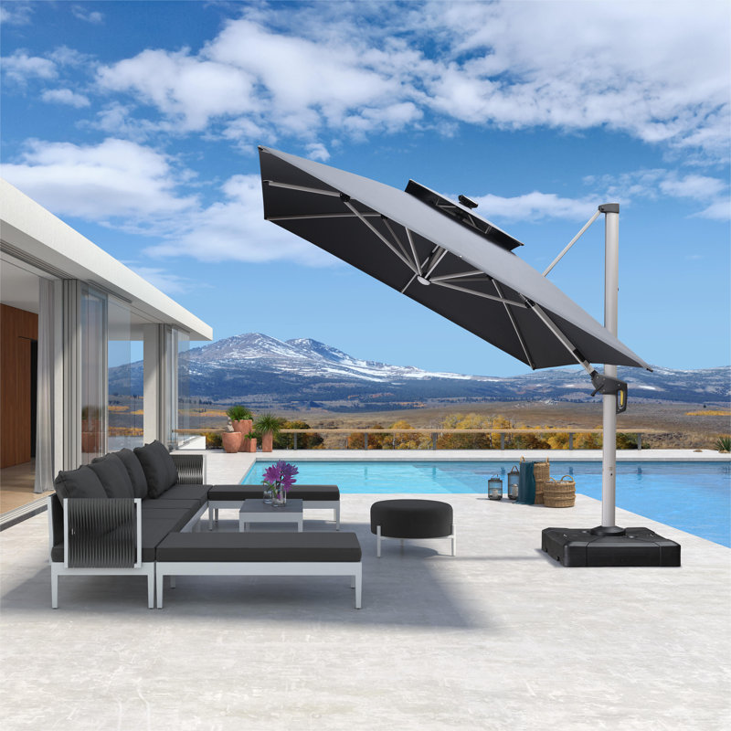Sarith 10' X 13' Patio Umbrella Outdoor Rectangle Umbrella Large Cantilever Umbrella，with Solar Lights，with Base, Gray