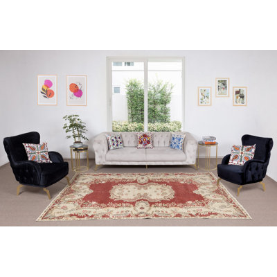 Vintage Handmade Turkish Wool Rug in Red & Beige, One-of-a-Kind Traditional Carpet