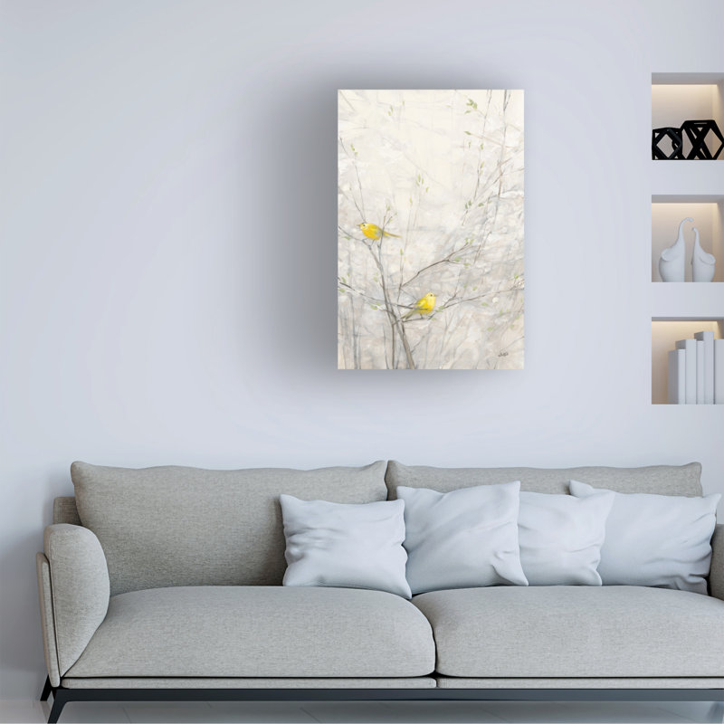 Yellow Birds on Branches Canvas Art with Wooden Frame