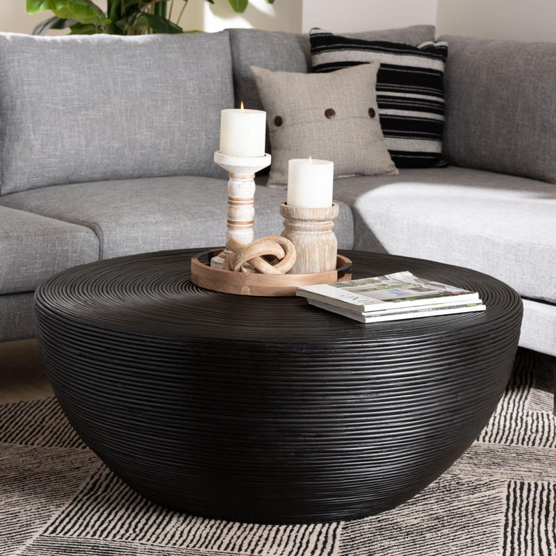 Bali & Pari Tokyo Laminated Natural Rattan Coffee Table – Handcrafted Bowl-Shaped Center Table, Black