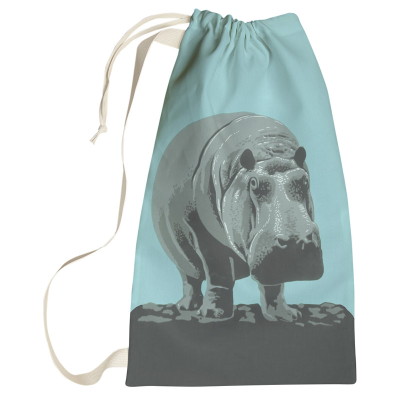 Sac à linge rétro hippopotame zoo affiche, Petit (H 64 po x l 20 po x P 1,5 po), Bleu ciel et gris