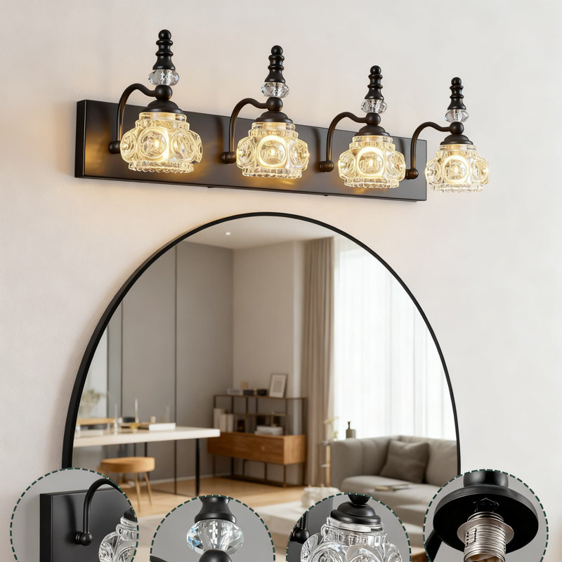 Modern Wall Sconce With Crystal Glass Shade Vanity Lighting For Bathroom And Indoor Spaces Vintage Industrial Style, 4 Lights
