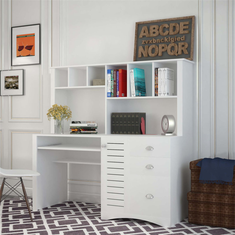 Bureau d'ordinateur avec huche, finition antique, surface de travail spacieuse et rangement spacieux pour une productivité moderne.
