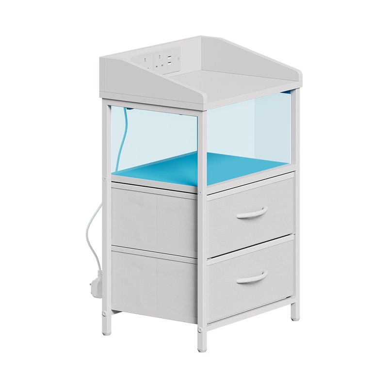 2-Drawer Nightstand with Charging Station & RGB Light Strip, Fabric Drawers, White