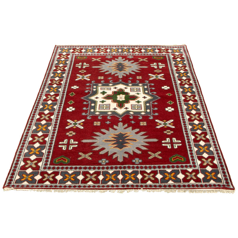 Tapis oriental rouge foncé / ivoire / vert en laine noué à la main, Rectangle 6 pi x 9 pi